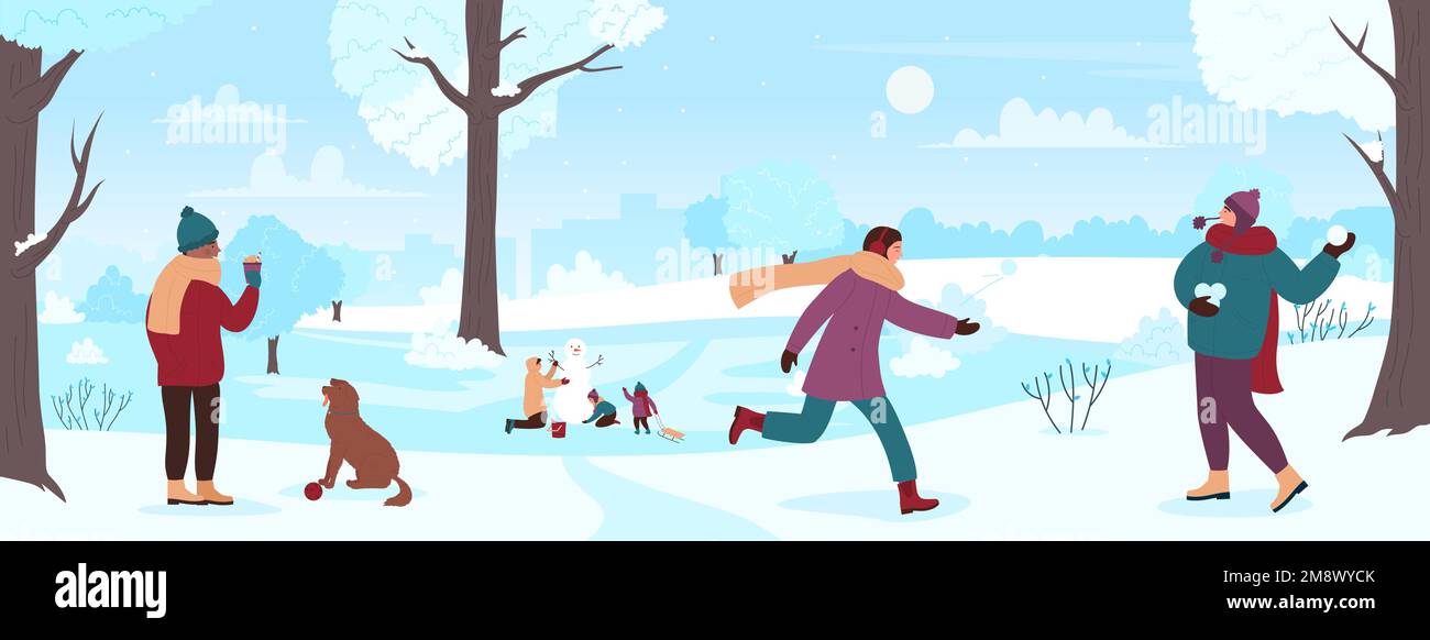 Winter activity of people in city park vector illustration. Cartoon family  and friends play snowballs and