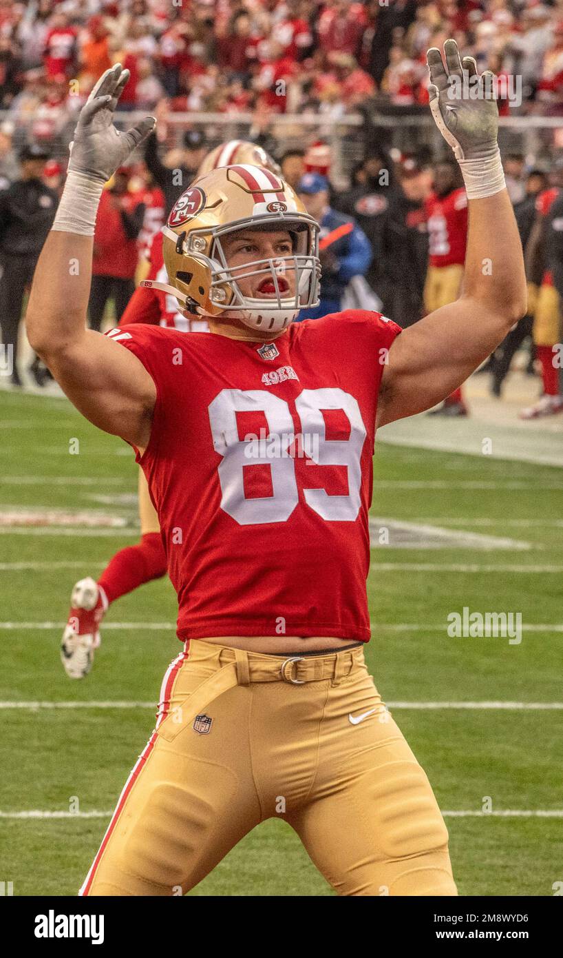 Santa Clara, California, USA. 14th Jan, 2023. San Francisco 49ers tight end  Charlie Woerner (89) celebrates touchdown on Saturday, January 14, 2023, at  Levis Stadium in Santa Clara, California. The 49ers defeated