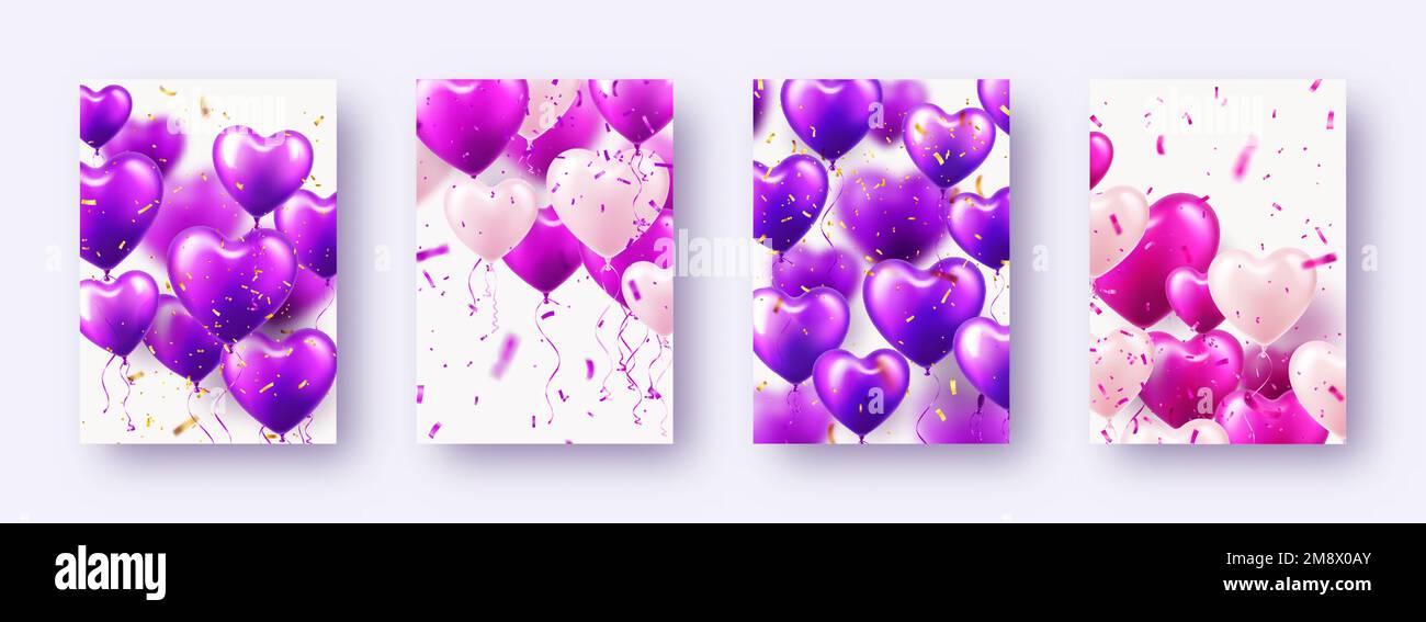 Valentine's Day banners with violet heart balloons. Wedding invitation ...