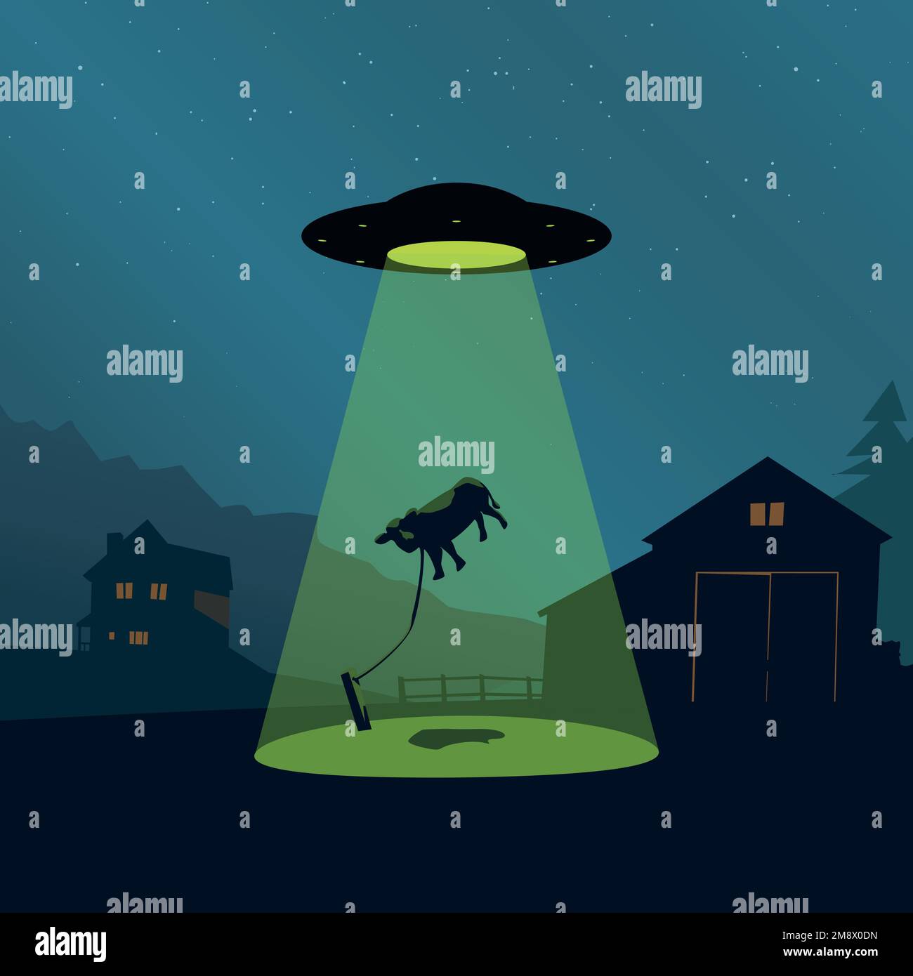 a ufo spaceship abducting cow from village Stock Vector