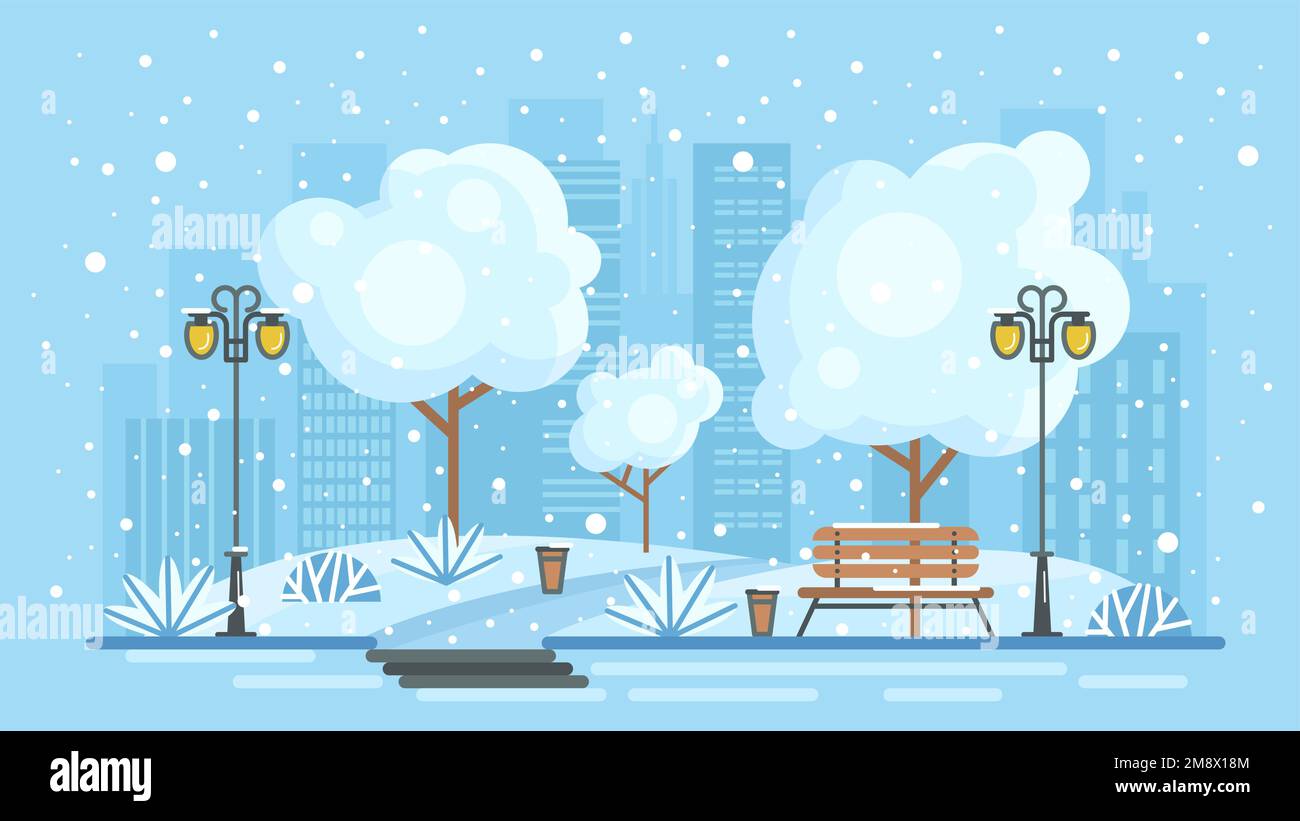 Winter snowy landscape of city vector illustration. Cartoon blue cityscape with snow and ice on street and trees of park, bench and lantern on urban road, snowflakes falling on buildings of town Stock Vector