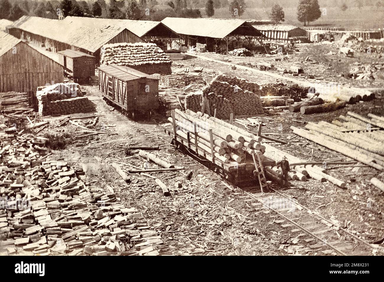 Lumber Yard early 1900s, Old Lumber Mill, Old Lumberyard Stock Photo