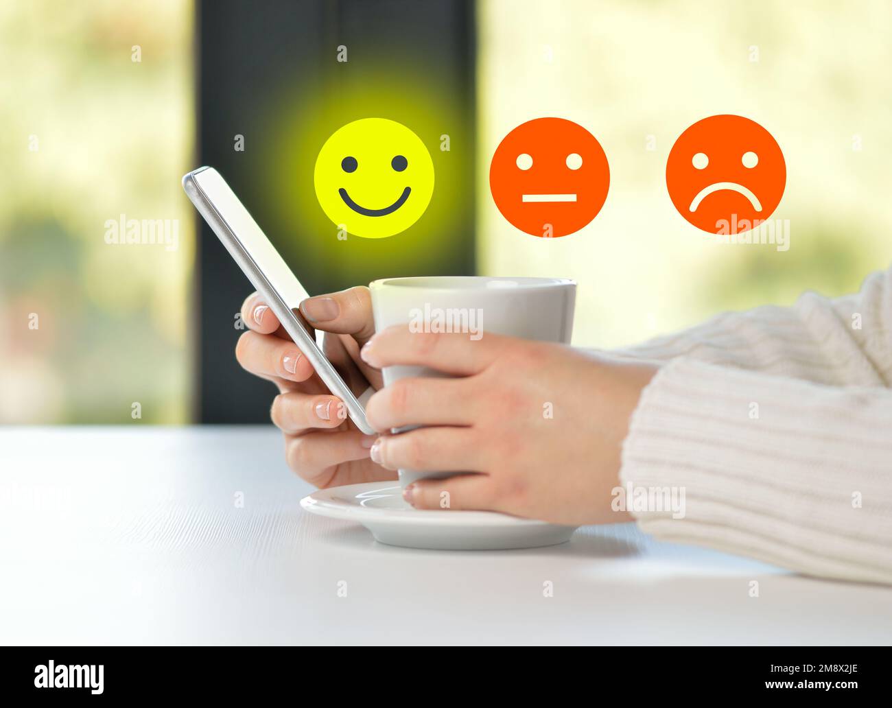 Woman pressing happy icon, Customer service evaluation concept Stock Photo