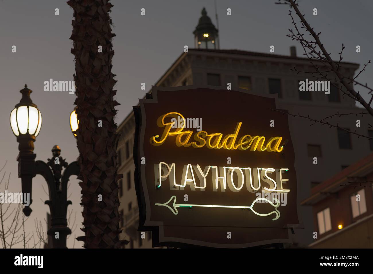 Pasadena, California, United States - January 1, 2023: the Pasadena Playhouse neon sign on Colorado Boulevard. This sign is considered a historic exam Stock Photo