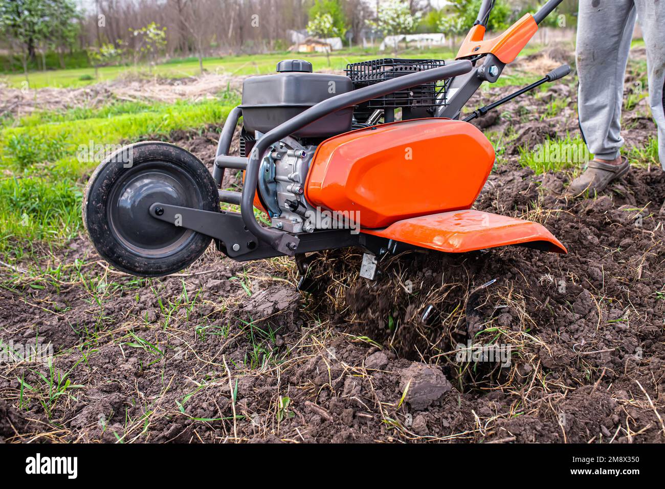 Cultivator closeup during ploughing of the field before planting
