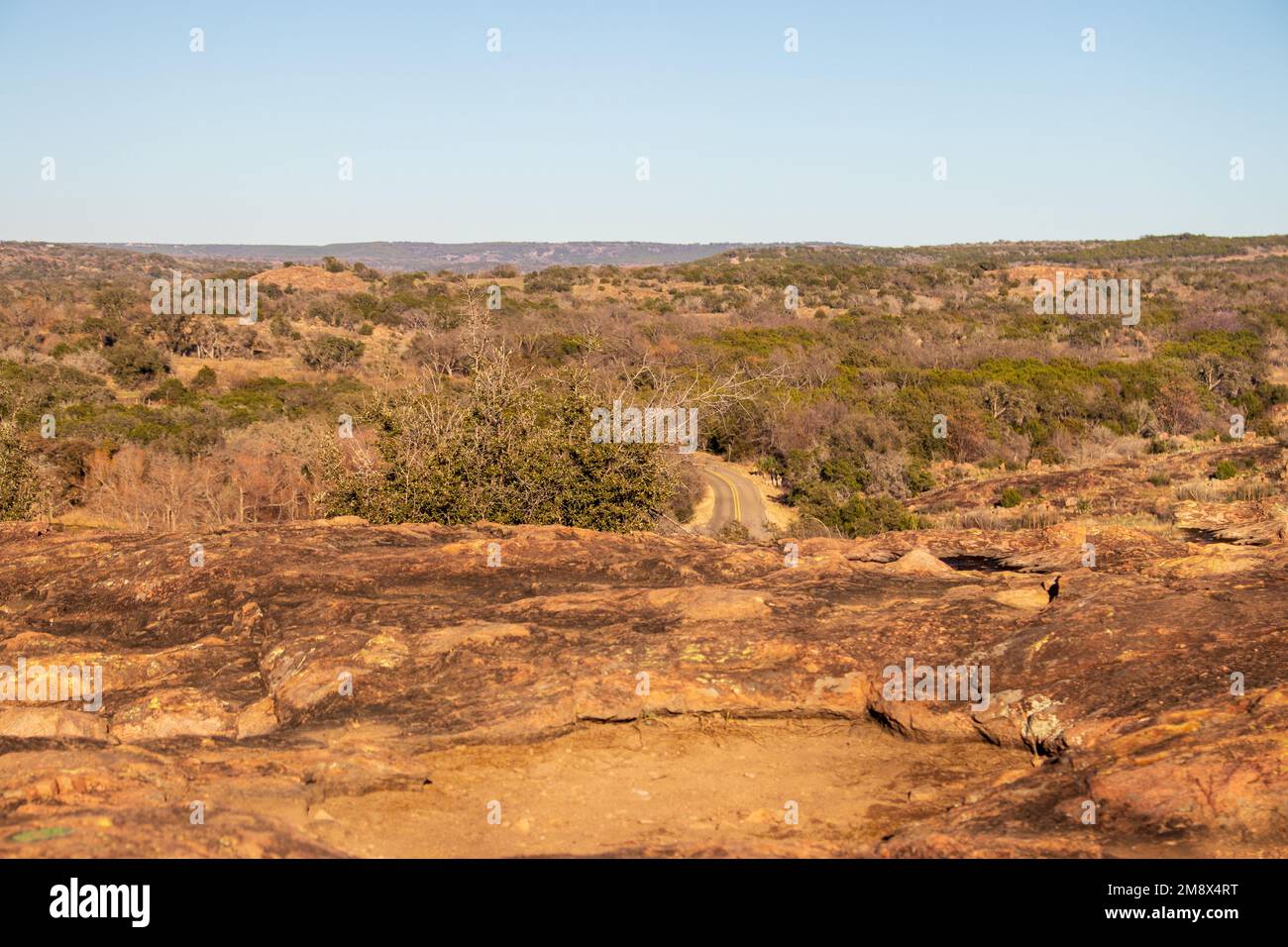 Texas Hill Country hiking trail with a view of Park Road 4 and the