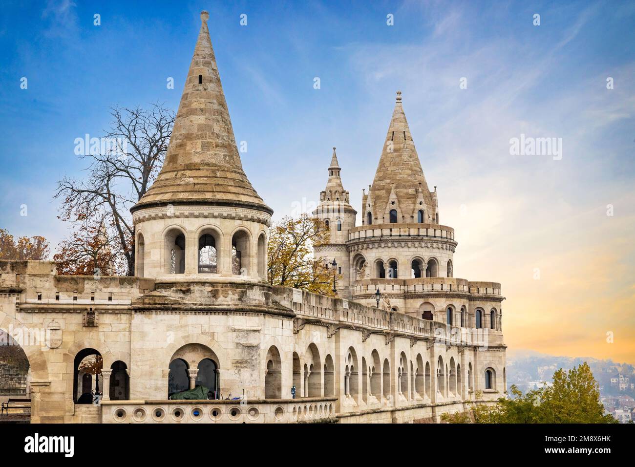 Scenic Sunset View Of Fisherman Bastion Fortress In Budapest City Stock scenic-sunset-view-of-fisherman-bastion-fortress-in-budapest-city-stock