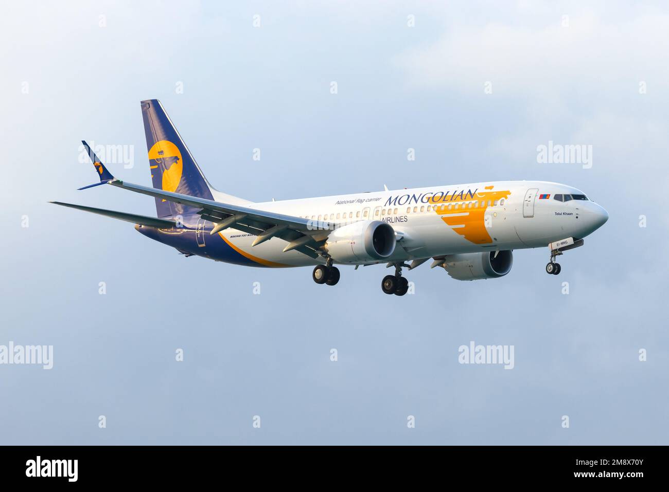 MIAT Mongolian Airlines Boeing 737 Max airplane. Airline from Mongolia, MIAT Boeing 737 aircraft. Stock Photo