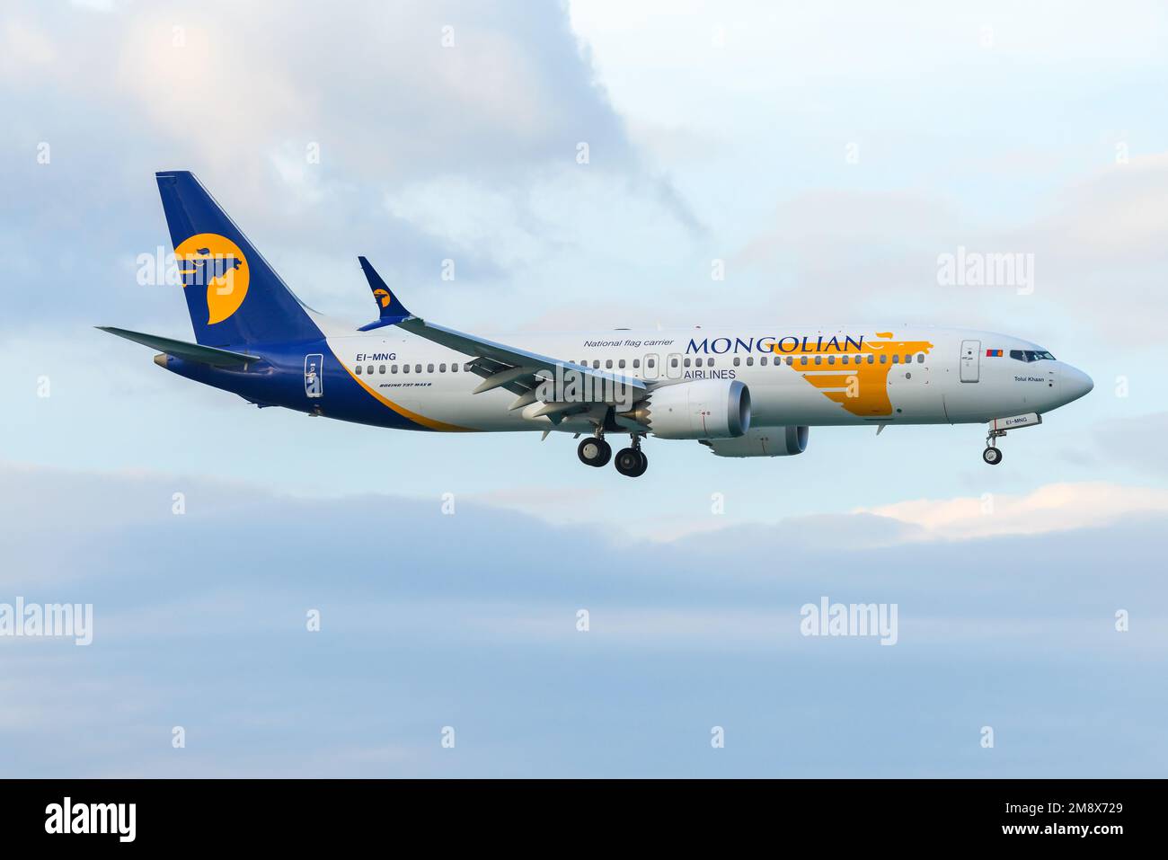 MIAT Mongolian Airlines Boeing 737 Max aircraft. Airline from Mongolia, MIAT Boeing 737 airplane. Stock Photo