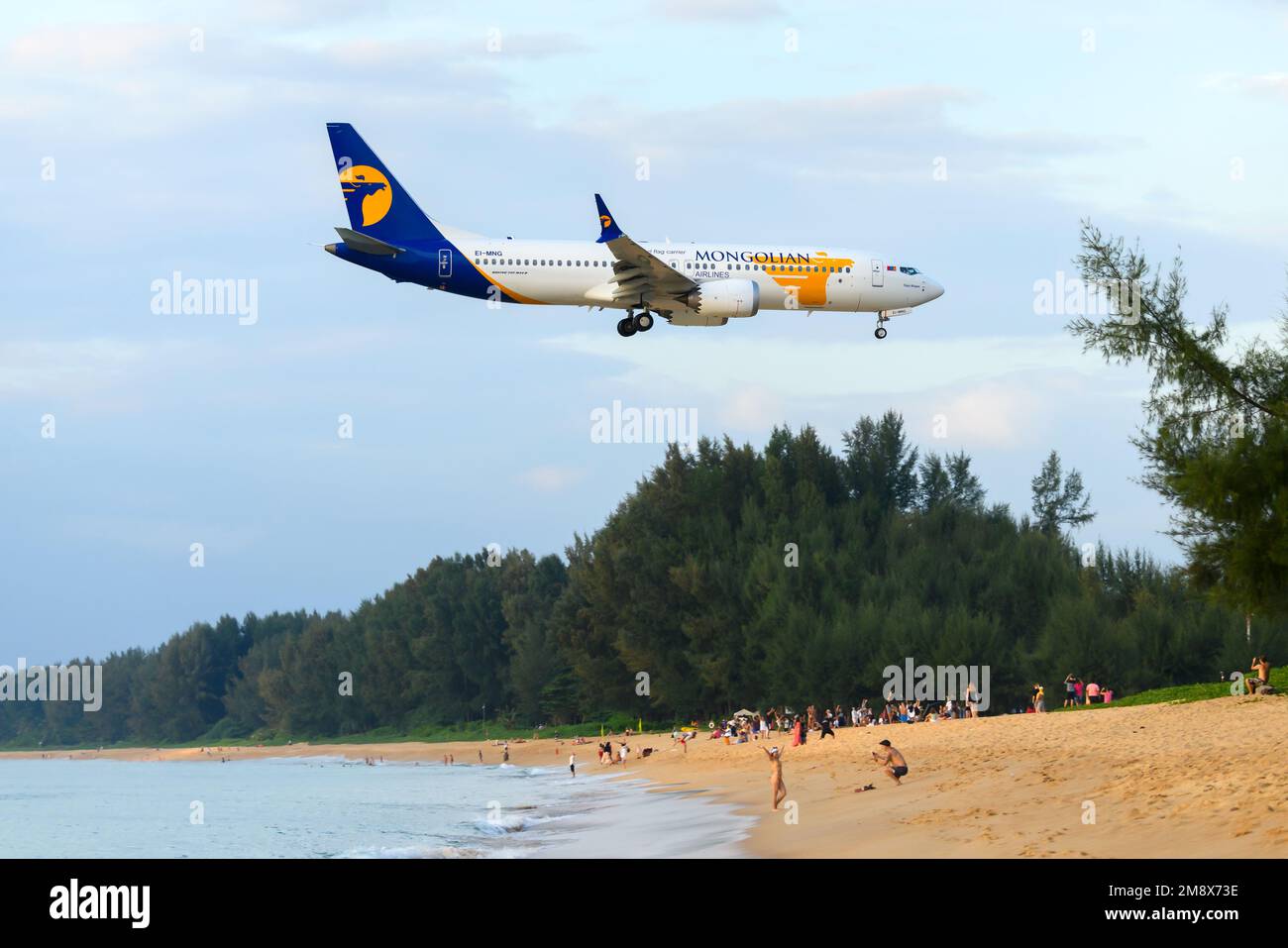 MIAT Mongolian Airlines Boeing 737 Max aircraft over Mai Khao Beach. Airline from Mongolia, MIAT Boeing 737 airplane. Stock Photo