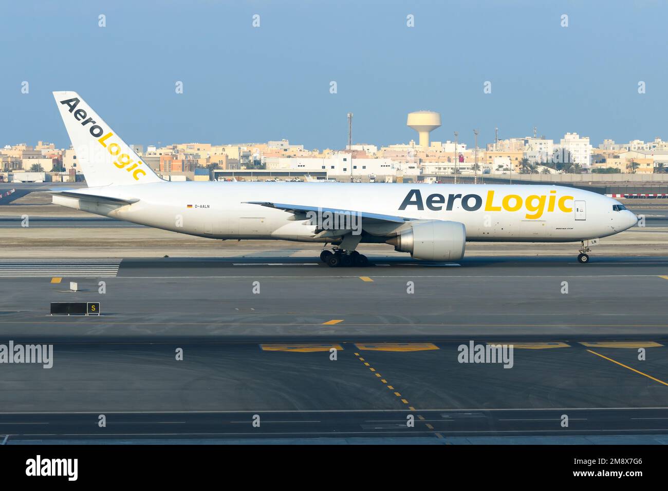 AeroLogic Boeing 777 cargo aircraft taxiing. Plane 777 of Aero Logic for freight transport. Airplane of Aerologic. Stock Photo