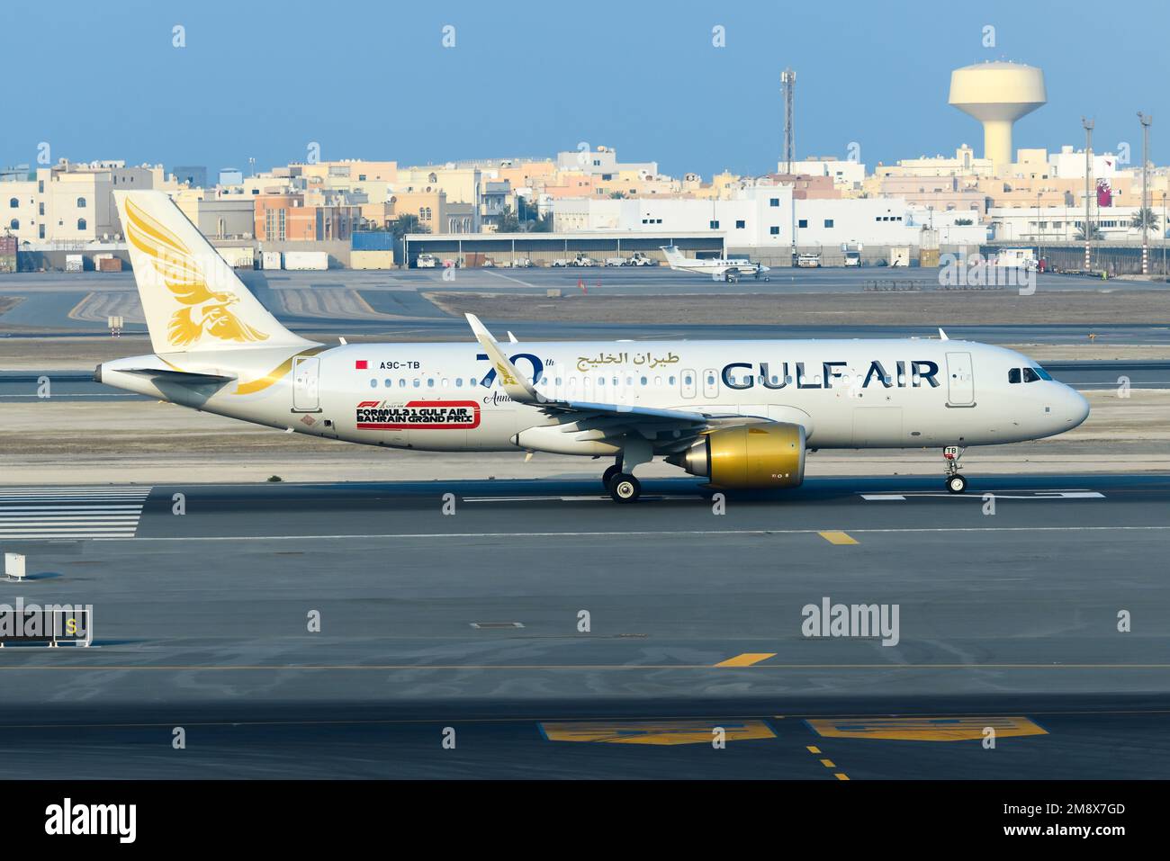 Gulf Air Airbus A320 airplane taxiing at Bahrain Airport. Aircraft A320neo of Gulfair, mostly know as Gulf Air airline. Stock Photo