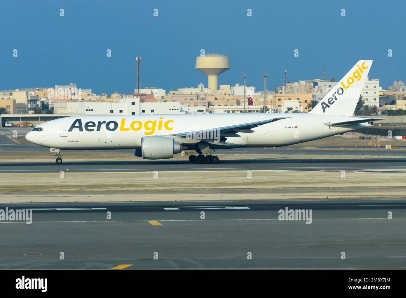 AeroLogic Boeing 777 cargo aircraft taxiing. Plane 777 of Aero Logic for freight transport. Airplane of Aerologic. Stock Photo