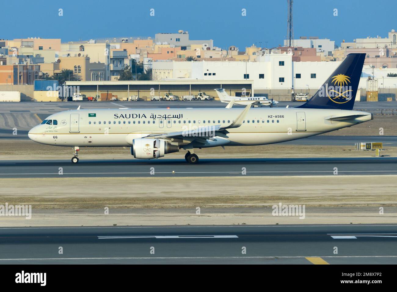 Saudia Airbus A320 airplane landing. Former Saudi Arabian Airlines airplane A320 with new Saudia Airlines name. Stock Photo