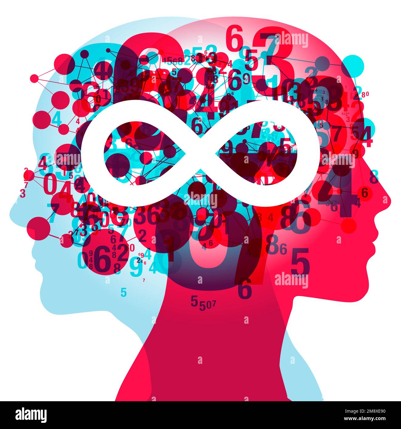 2 figures side silhouettes overlaid with semi-transparent numerals and line connected shapes. Centrally placed is a large white “Infinity” symbol. Stock Photo