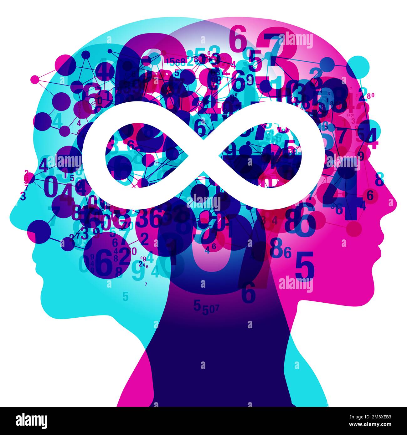 2 figures side silhouettes overlaid with semi-transparent numerals and line connected shapes. Centrally placed is a large white “Infinity” symbol. Stock Photo