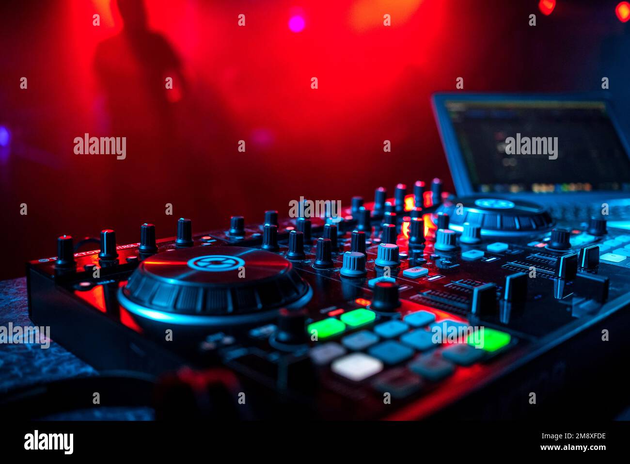 professional music equipment DJ in a booth in a closeup Stock Photo Alamy