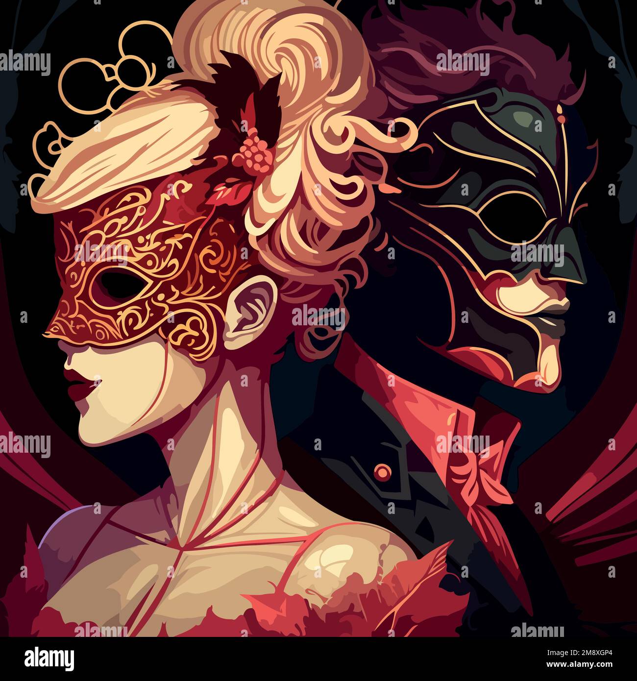 Illustration of fictional characters stylishly dressed up for a masquerade wearing ornate Venetian masks at carnival Stock Vector