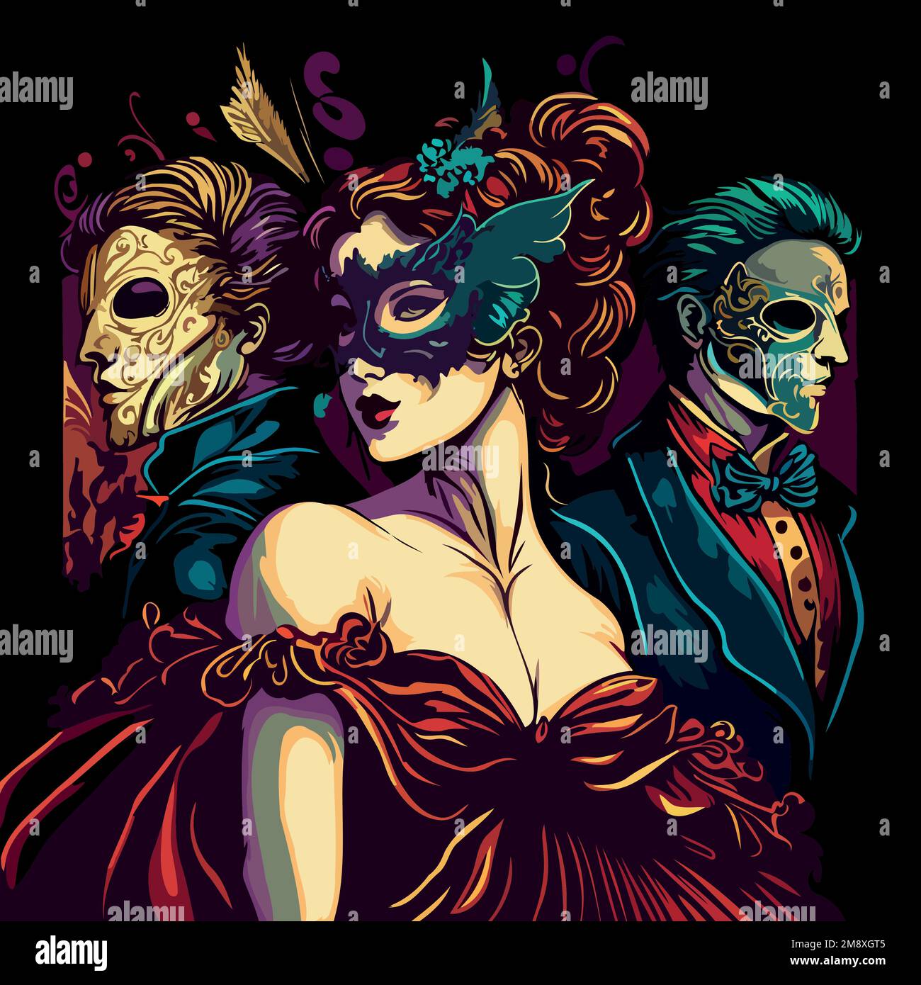 Illustration of fictional characters stylishly dressed up for a masquerade wearing ornate Venetian masks at carnival Stock Vector