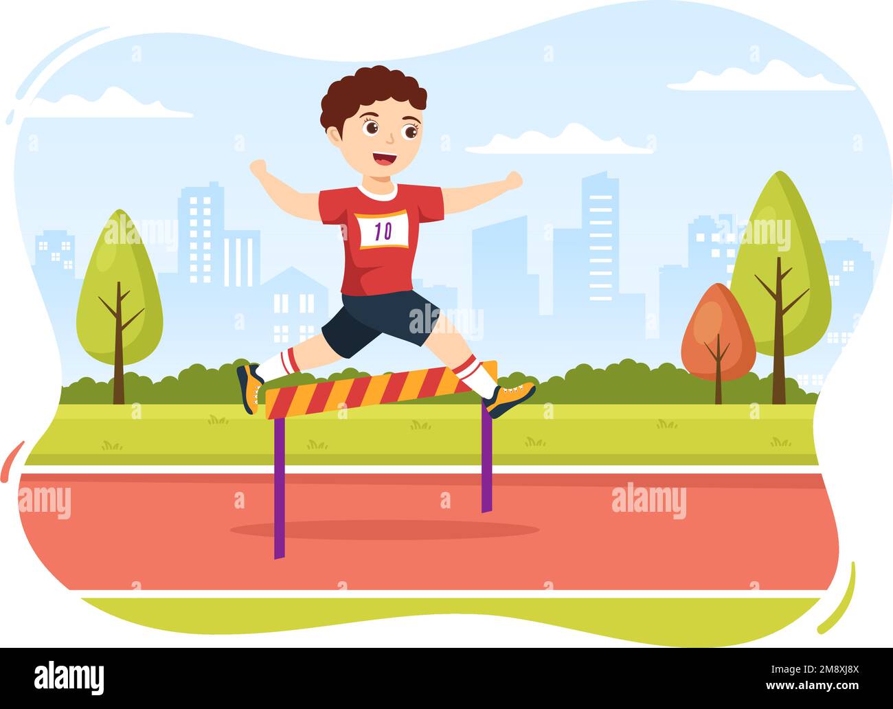 Kids Athlete Run Hurdle Long Jump Sportsman Game Illustration in Obstacle Running for Web Banner or Landing Page in Cartoon Hand Drawn Templates Stock Vector