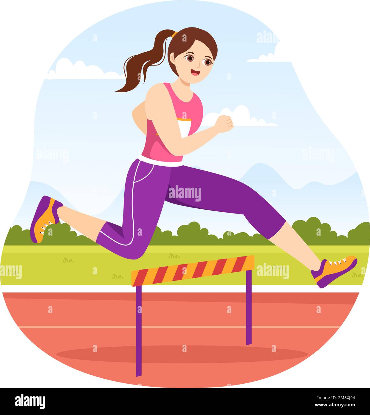 Athlete Run Hurdle Long Jump Sportsman Game Illustration in Obstacle Running for Web Banner or Landing Page in Flat Cartoon Hand Drawn Templates Stock Vector