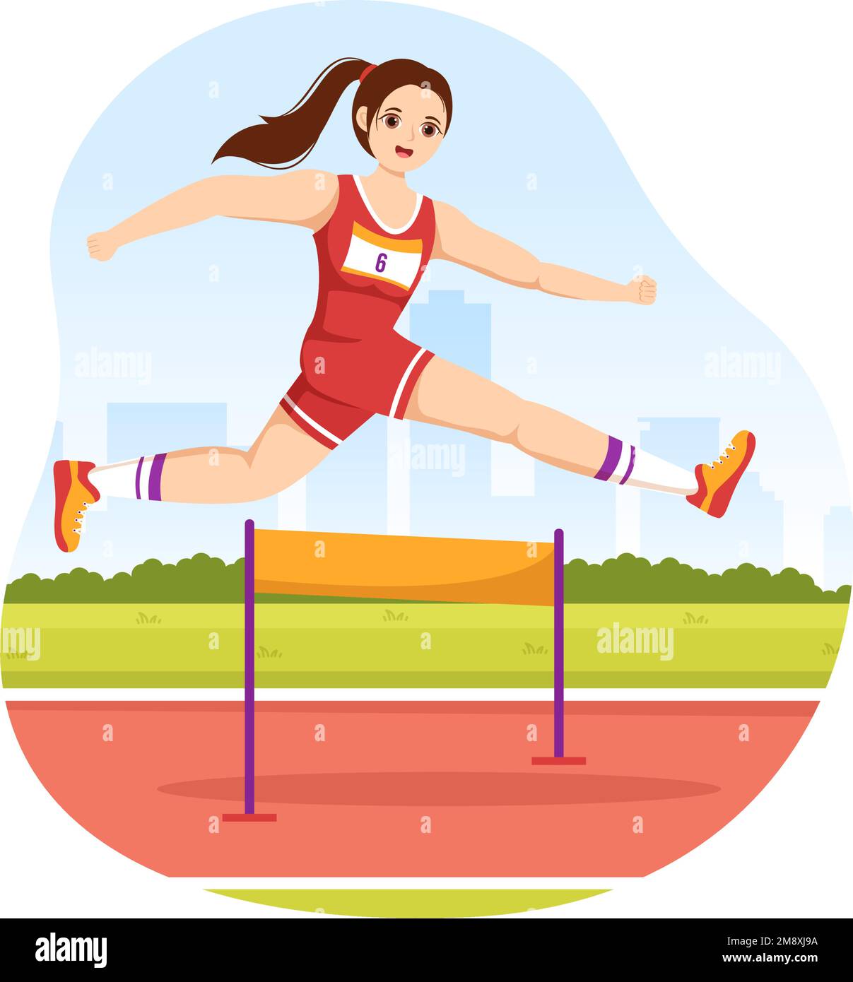 Athlete Run Hurdle Long Jump Sportsman Game Illustration in Obstacle Running for Web Banner or Landing Page in Flat Cartoon Hand Drawn Templates Stock Vector