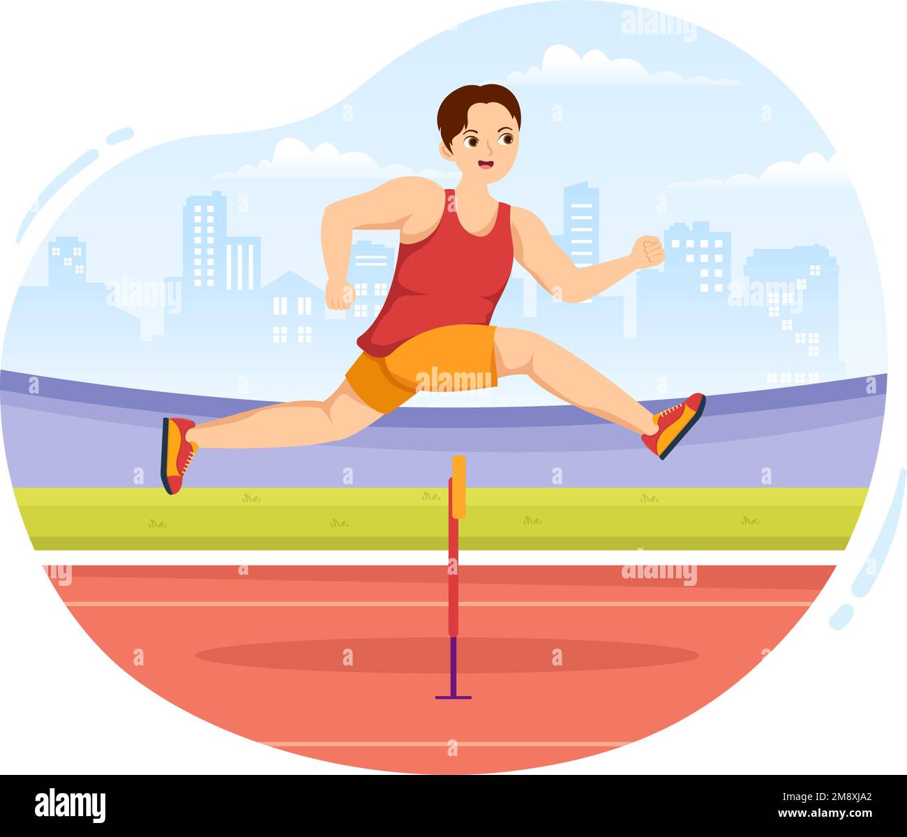 Athlete Run Hurdle Long Jump Sportsman Game Illustration in Obstacle Running for Web Banner or Landing Page in Flat Cartoon Hand Drawn Templates Stock Vector