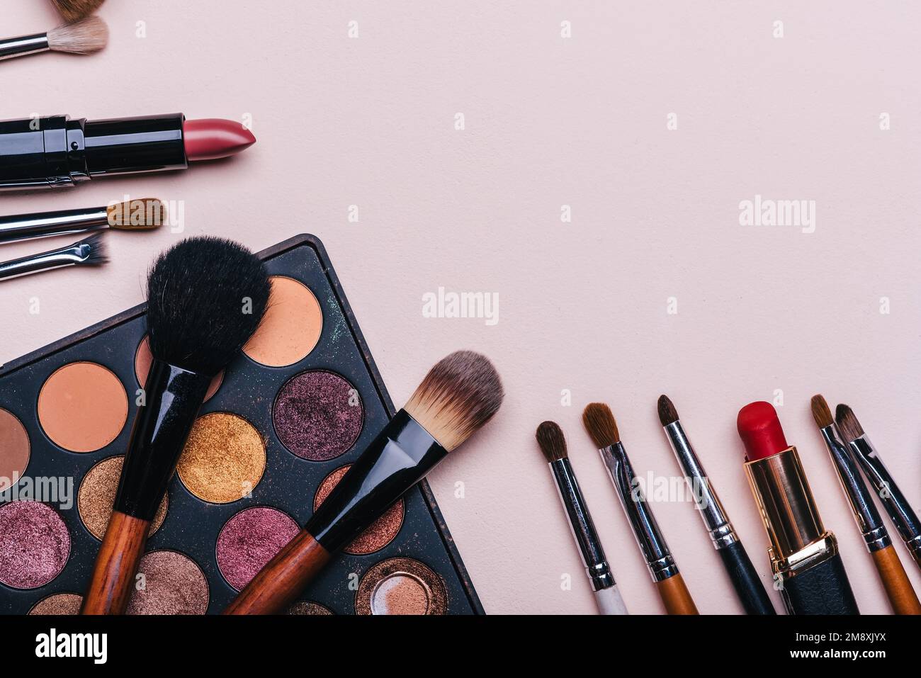 set of professional cosmetics for makeup and skin care and female beauty. Flat lay frame composition, top view. Stock Photo