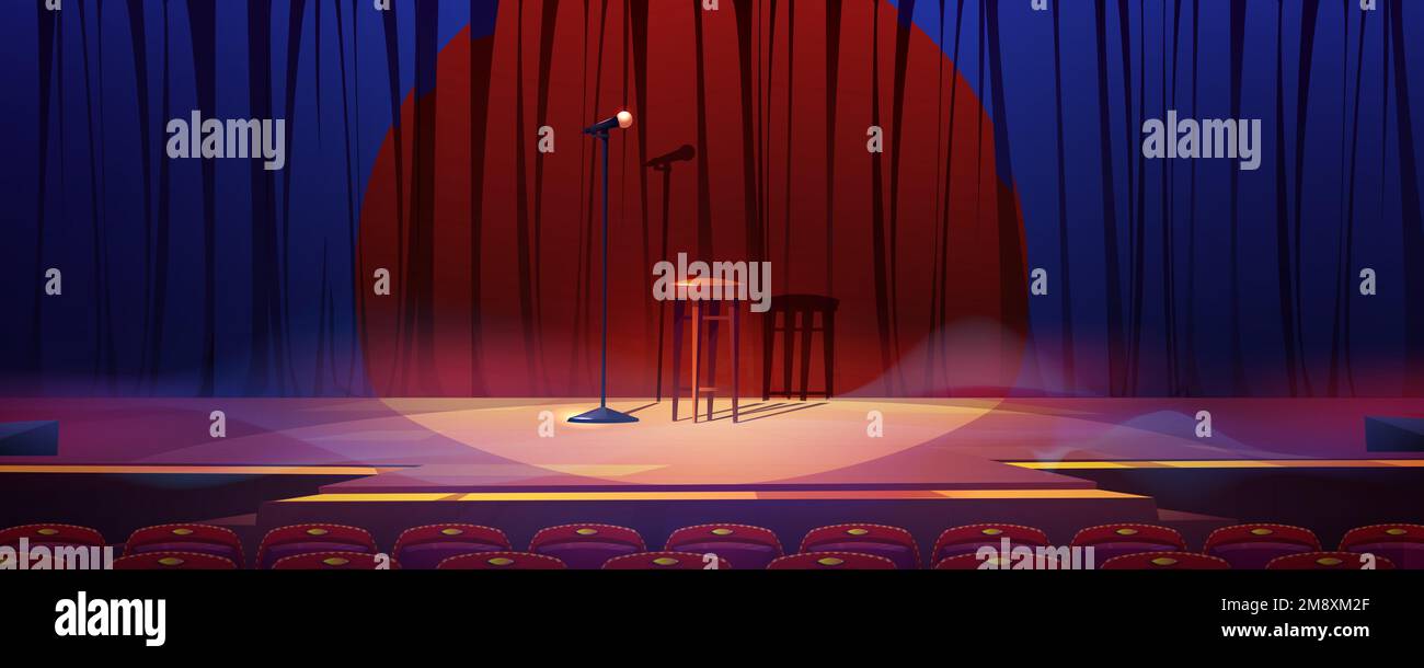 Empty stage ready for stand up show or concert. Cartoon vector illustration of scene with red curtains, microphone and wooden stool in light beam, audience seats in parterre. Comedy club performance Stock Vector