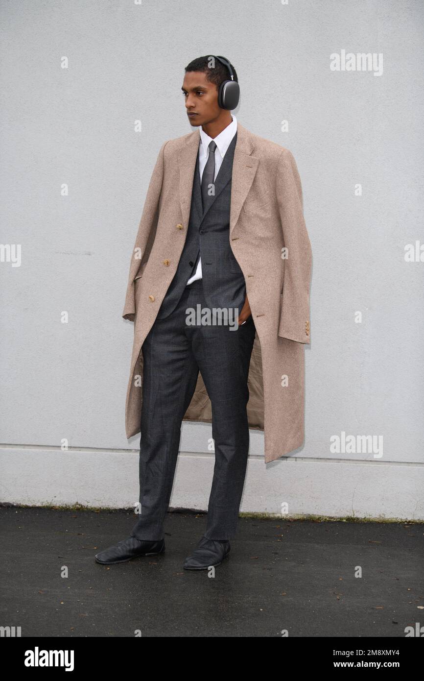 Man with red denim Louis Vuitton Supreme jacket before Fendi fashion show,  Milan Fashion Week street style – Stock Editorial Photo © AndreaA.  #326232854