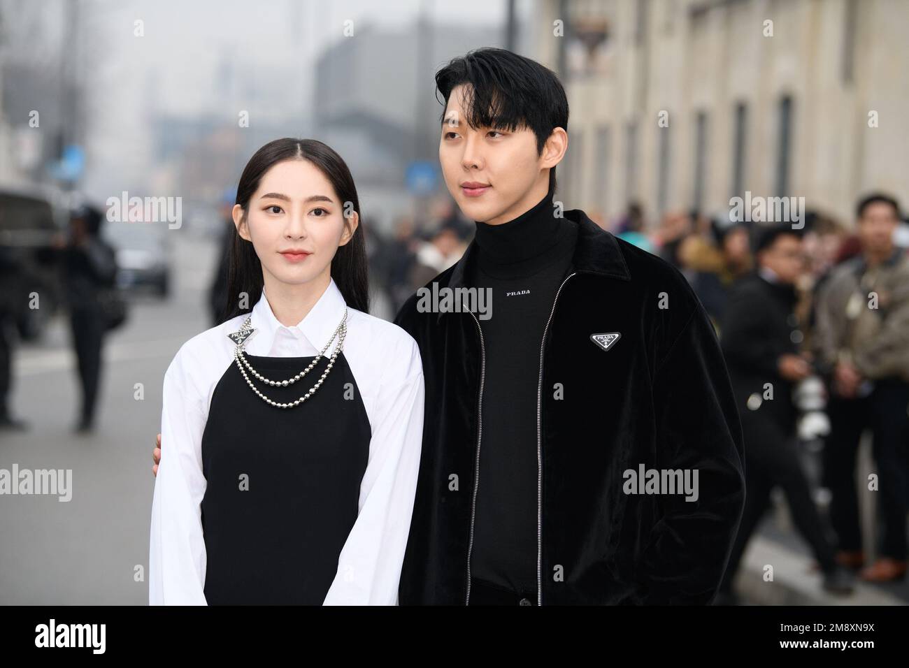 Guests outside Prada show during the Milano Men's Fashion Week Fall