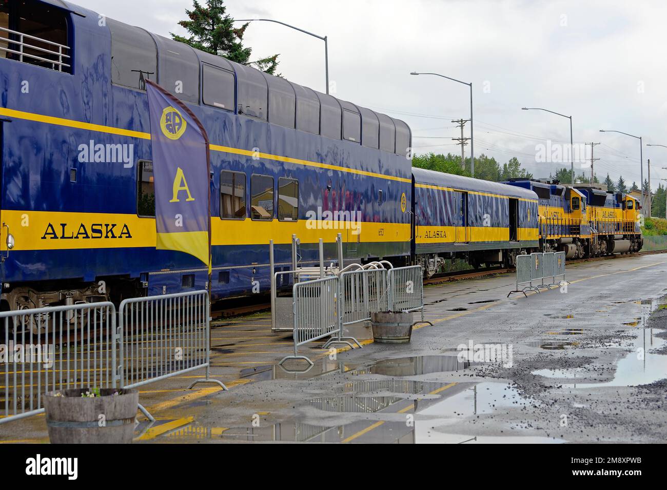 Alaska Railroad, side view, and passenger cars, Seward