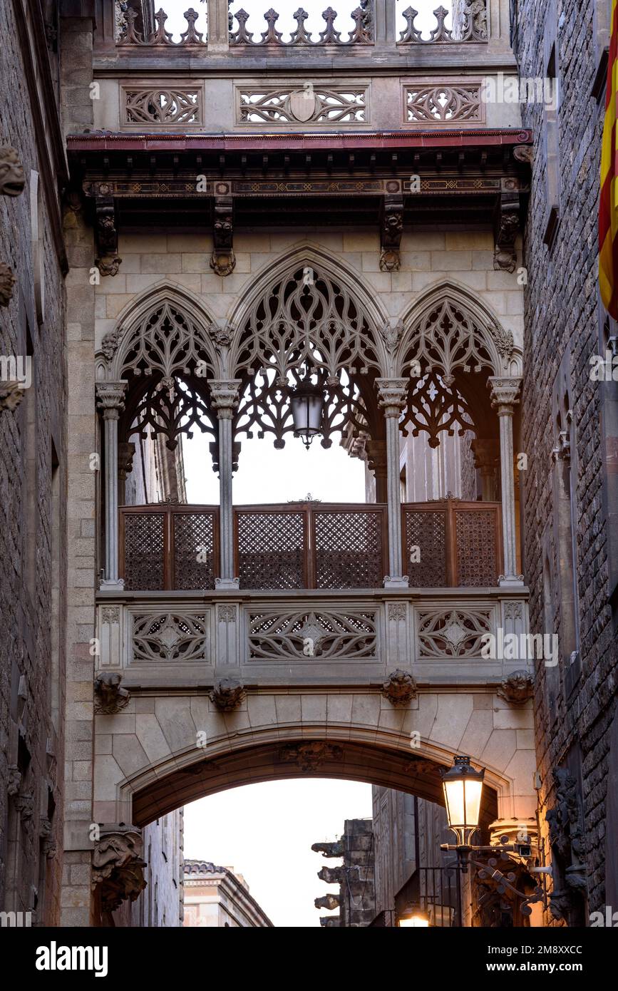 Bishop's Bridge, a neo-Gothic bridge between the Palace of the Generalitat with the House of the Canons passing over Bishop street (Barcelona, Spain) Stock Photo