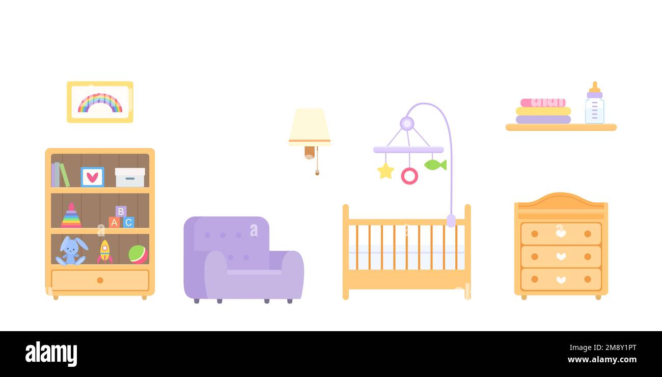 Nursery with furniture and toys on white background. Home interior