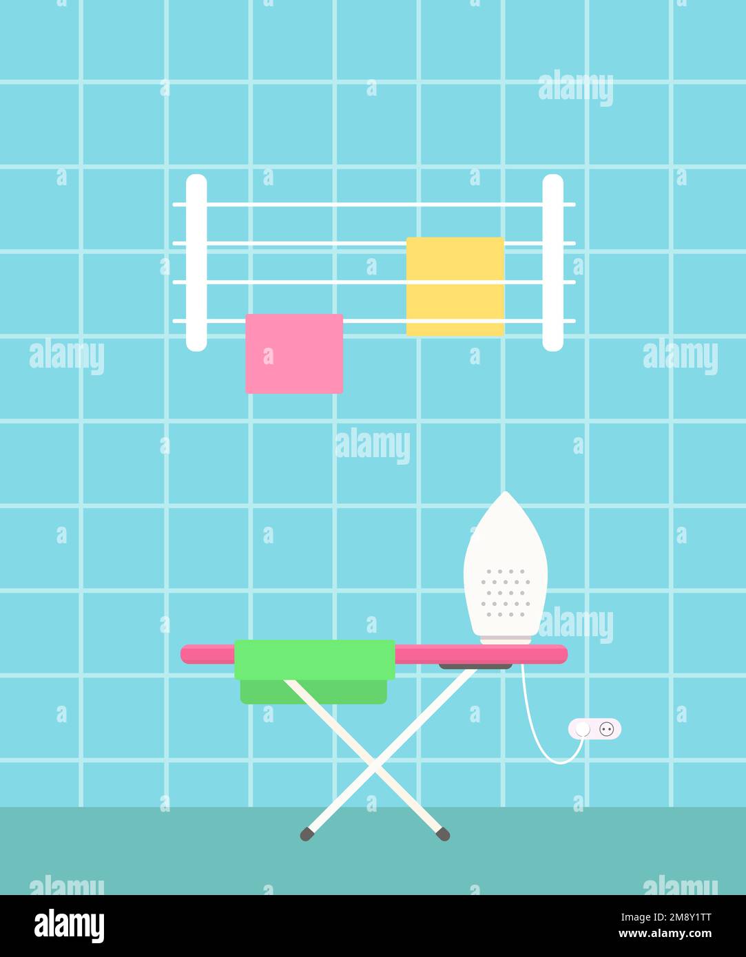 Ironing board with iron, and clothes dryer in laundry room on blue background Stock Vector Image