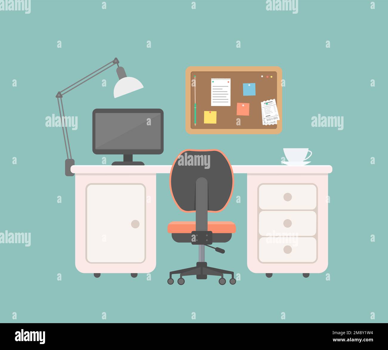 Office desk, chair, computer and cork board on green background Stock