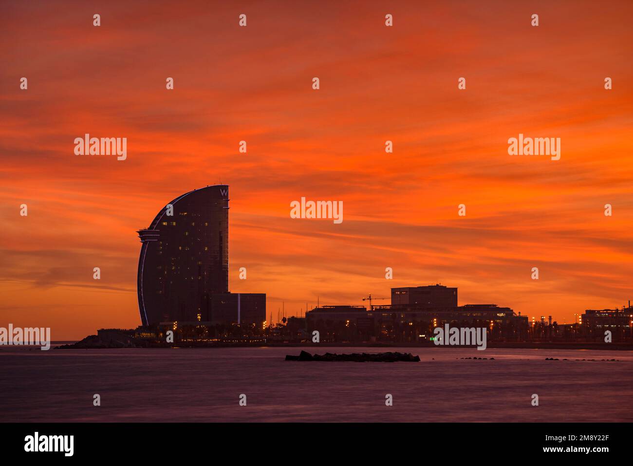 Hotel W Vela at sunset, seen from the beach (Barcelona