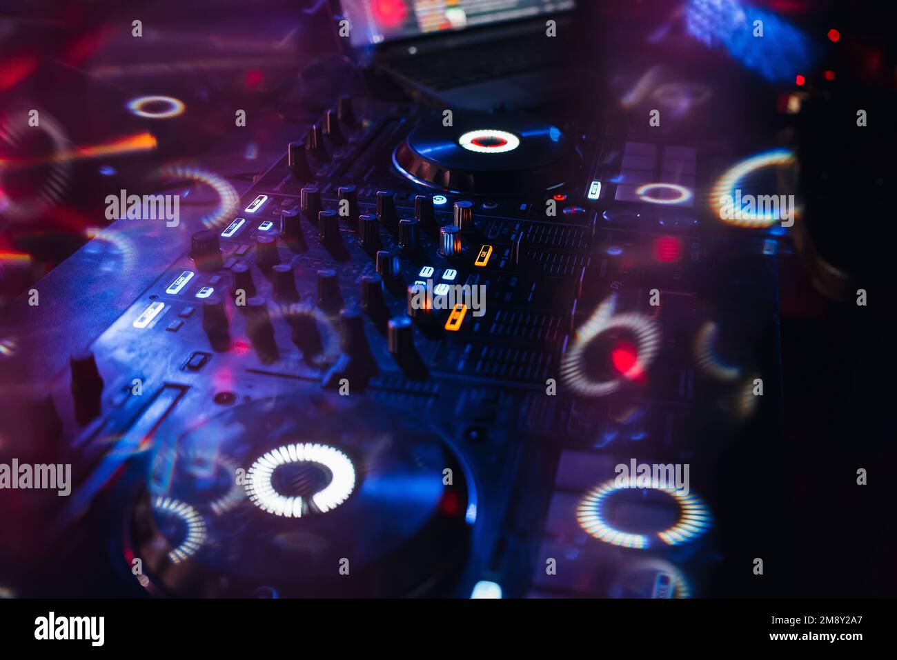 DJ controller panel on for professional music and sound mixing Stock ...