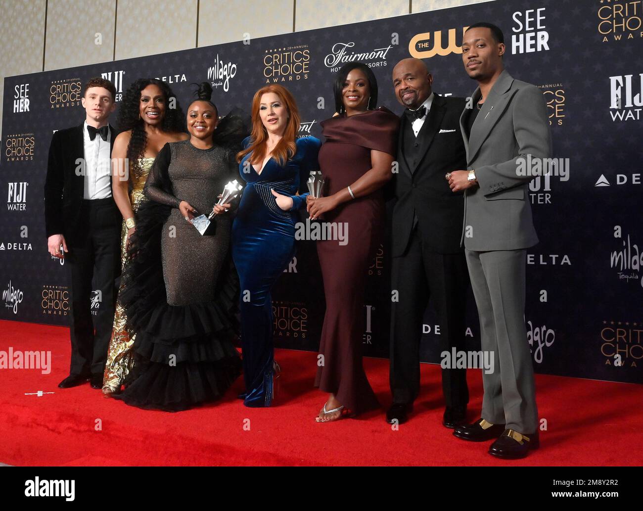 Los Angeles, United States. 15th Jan, 2023. (L-R) Chris Perfetti, Sheryl Lee Ralph, Quinta Brunson, Lisa Ann Walter, Janelle James, William Stanford Davis and Tyler James Williams appear backstage with the award for Best Comedy Series for 'Abbott Elementary' during the 28th annual Critics' Choice Awards at the Fairmont Century Plaza in Los Angeles on Sunday, January 15, 2023. Photo by Jim Ruymen/UPI Credit: UPI/Alamy Live News Stock Photo