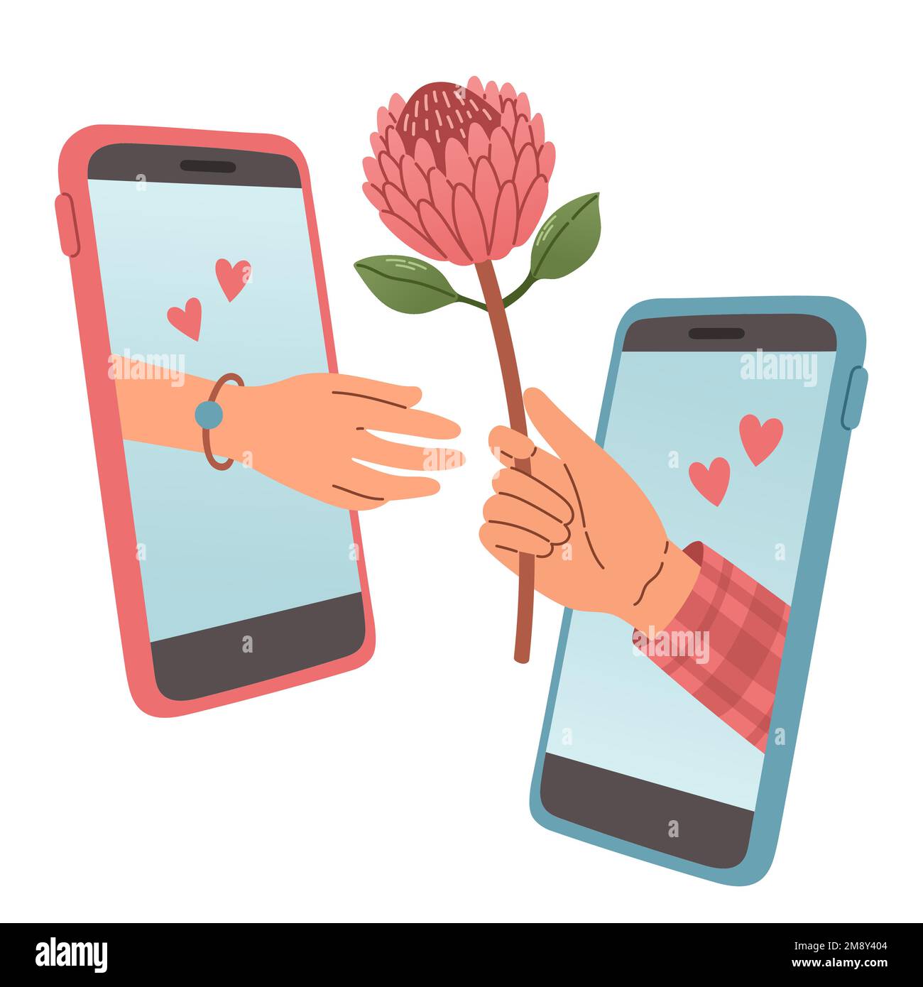 Online dating service vector concept. Mans and womans hands appeared from phones screen, mans hand giving flower Stock Vector