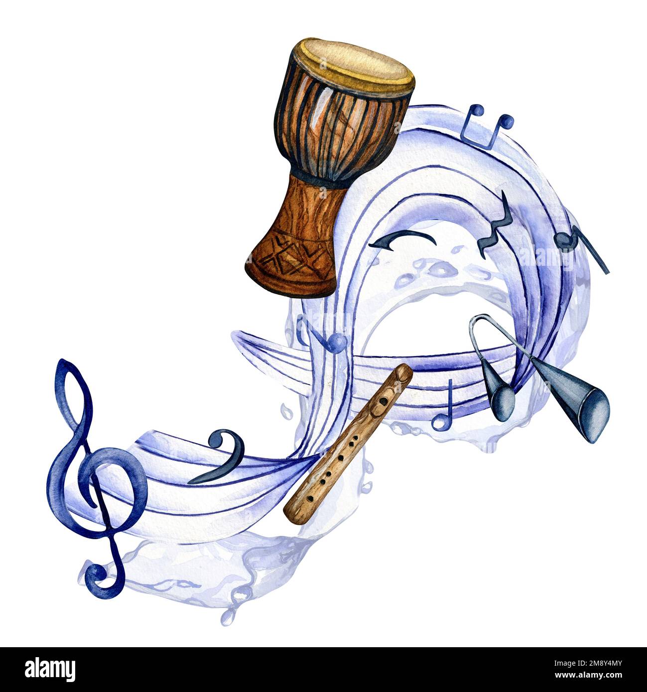 Treble clef, musical notes and djembe watercolor illustration on white.  Percussion musical instruments, flute hand drawn. Design for party flyer,  conc Stock Photo - Alamy