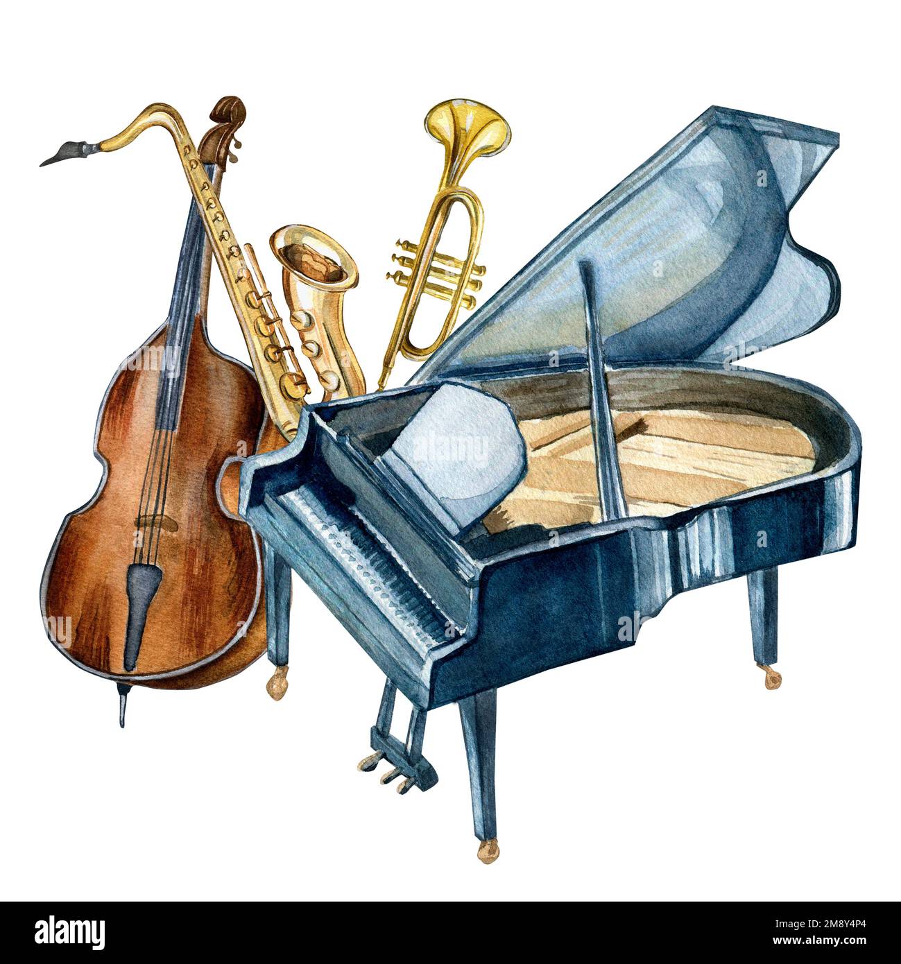 Composition of grand piano, saxophone, contrabass musical instruments watercolor illustration isolated. Trumpet hand drawn. Design element for flyer, Stock Photo