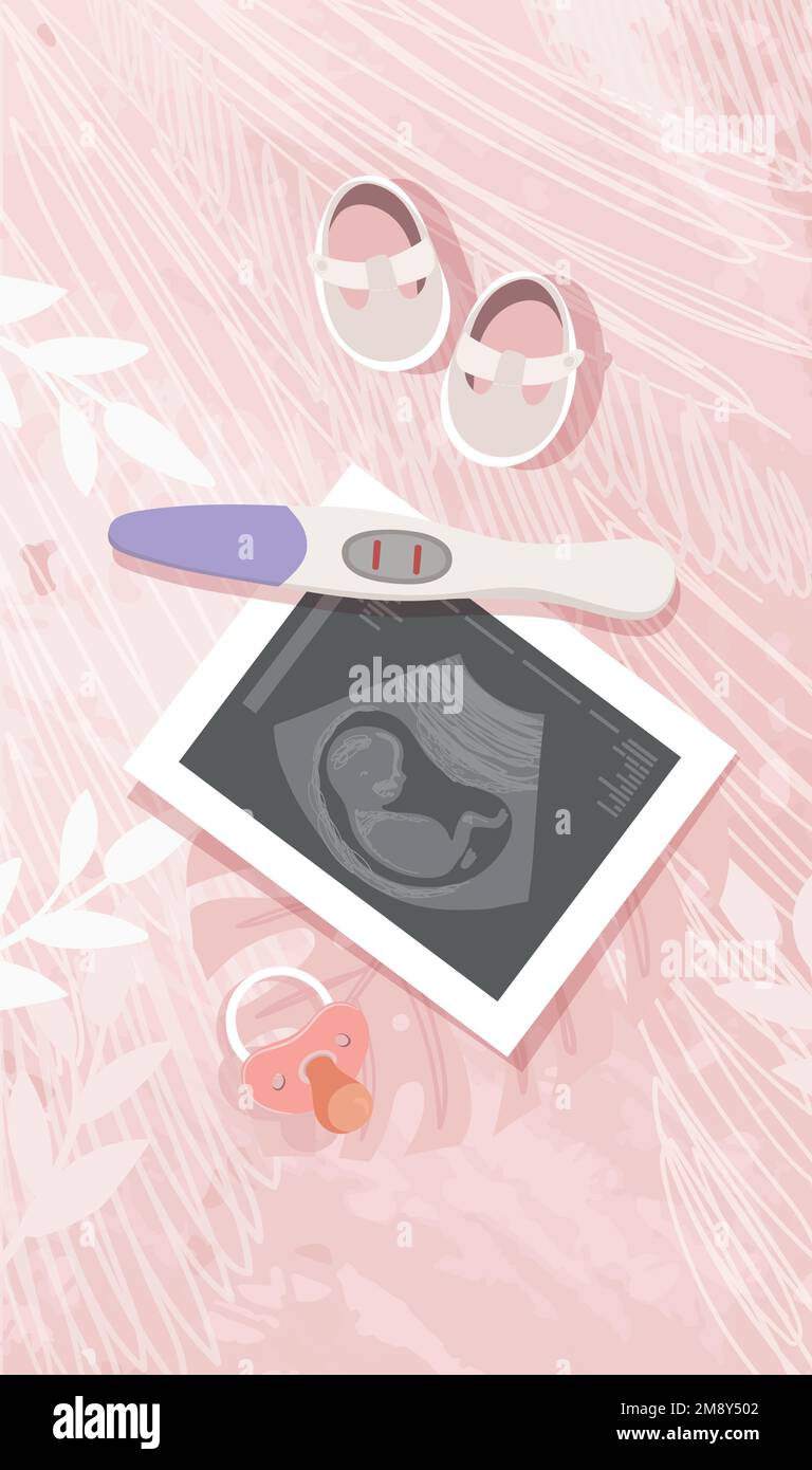 A positive pregnancy test and an ultrasound picture of a baby, a nipple on a pink background