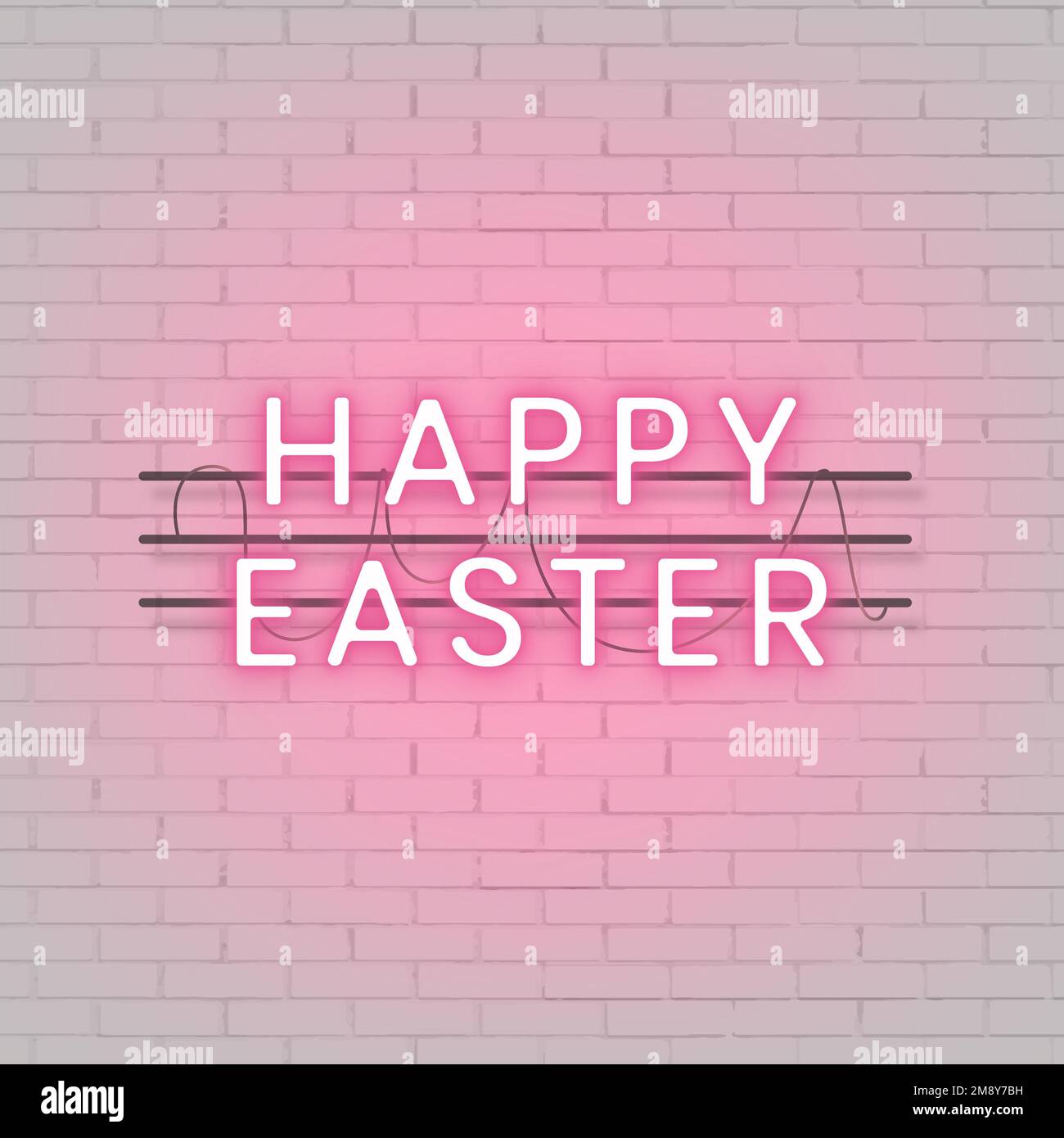 Pink Happy Easter neon sign on a white brick wall vector Stock Vector