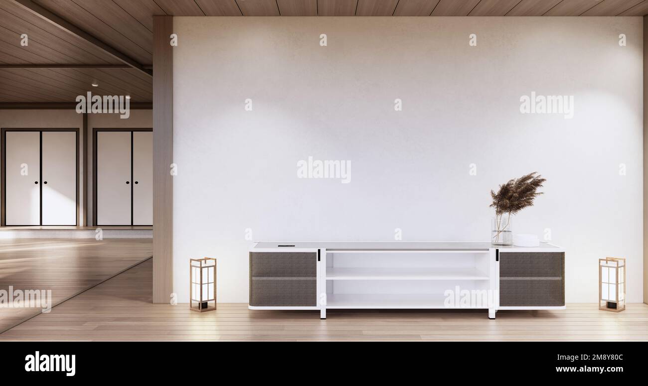 Cabinet wooden japandi design on living room muji style empty wall ...