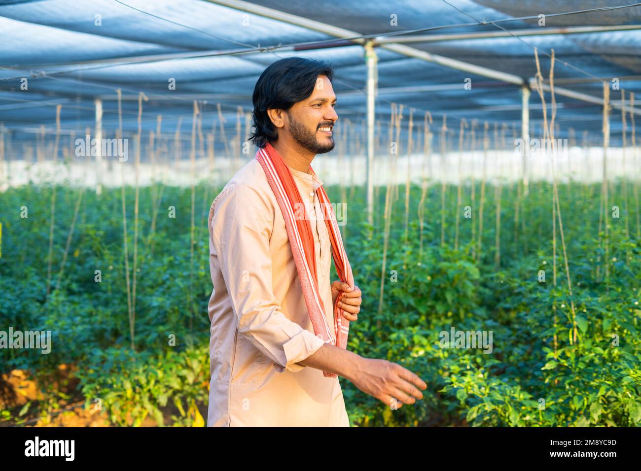 side view of happy farmer walking at greenhouse by looking around plantation - concept of investment, agro business and rural or village lifestyle. Stock Photo