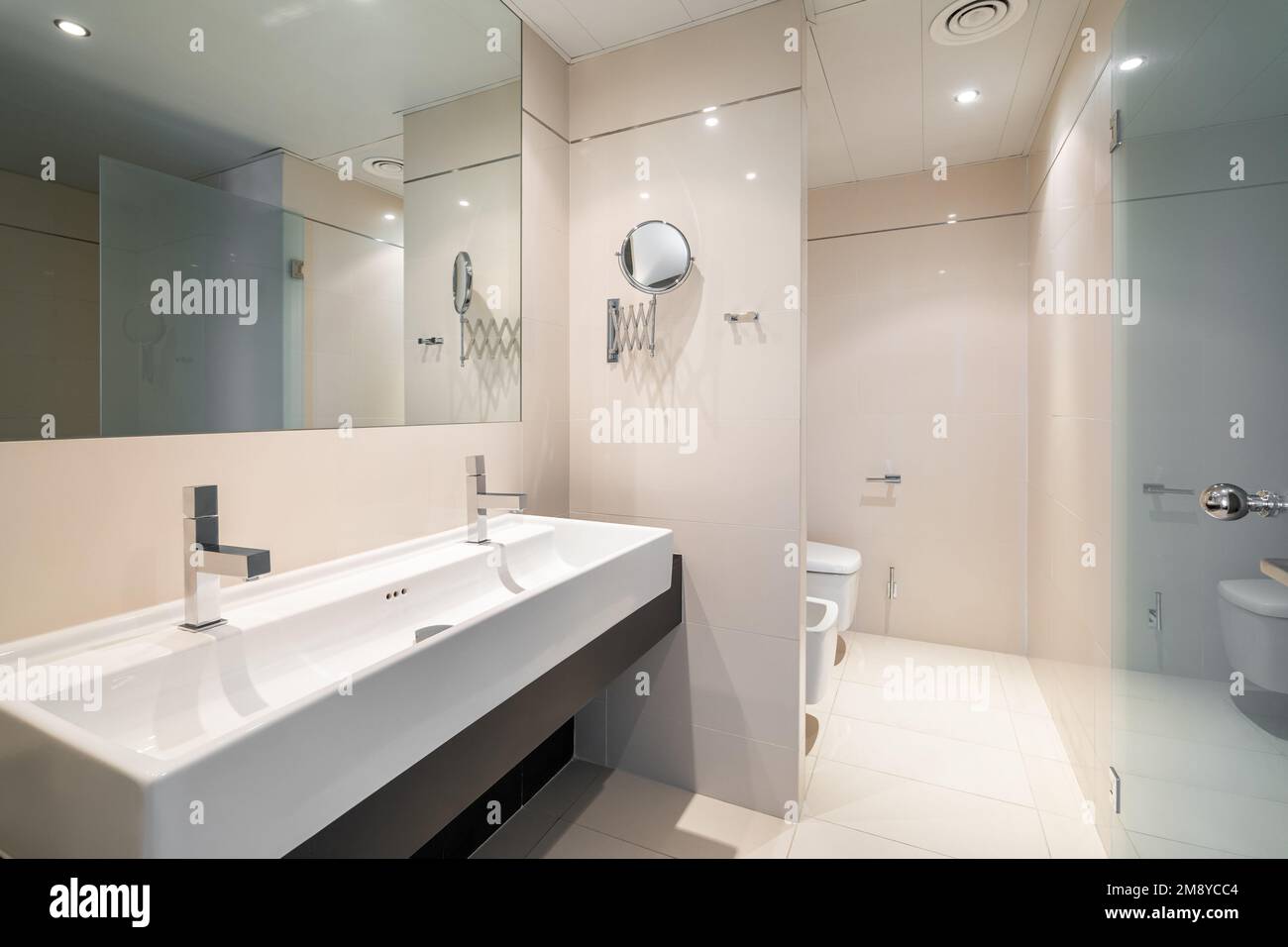 Large bathroom is divided into zones with large square full length ...