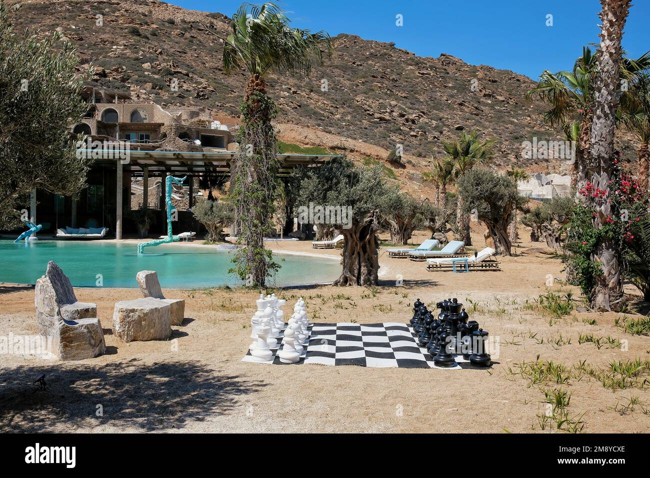Ios, Greece - June 6, 2021 : View of a life size giant chessboard at the beach in Ios Greece Stock Photo