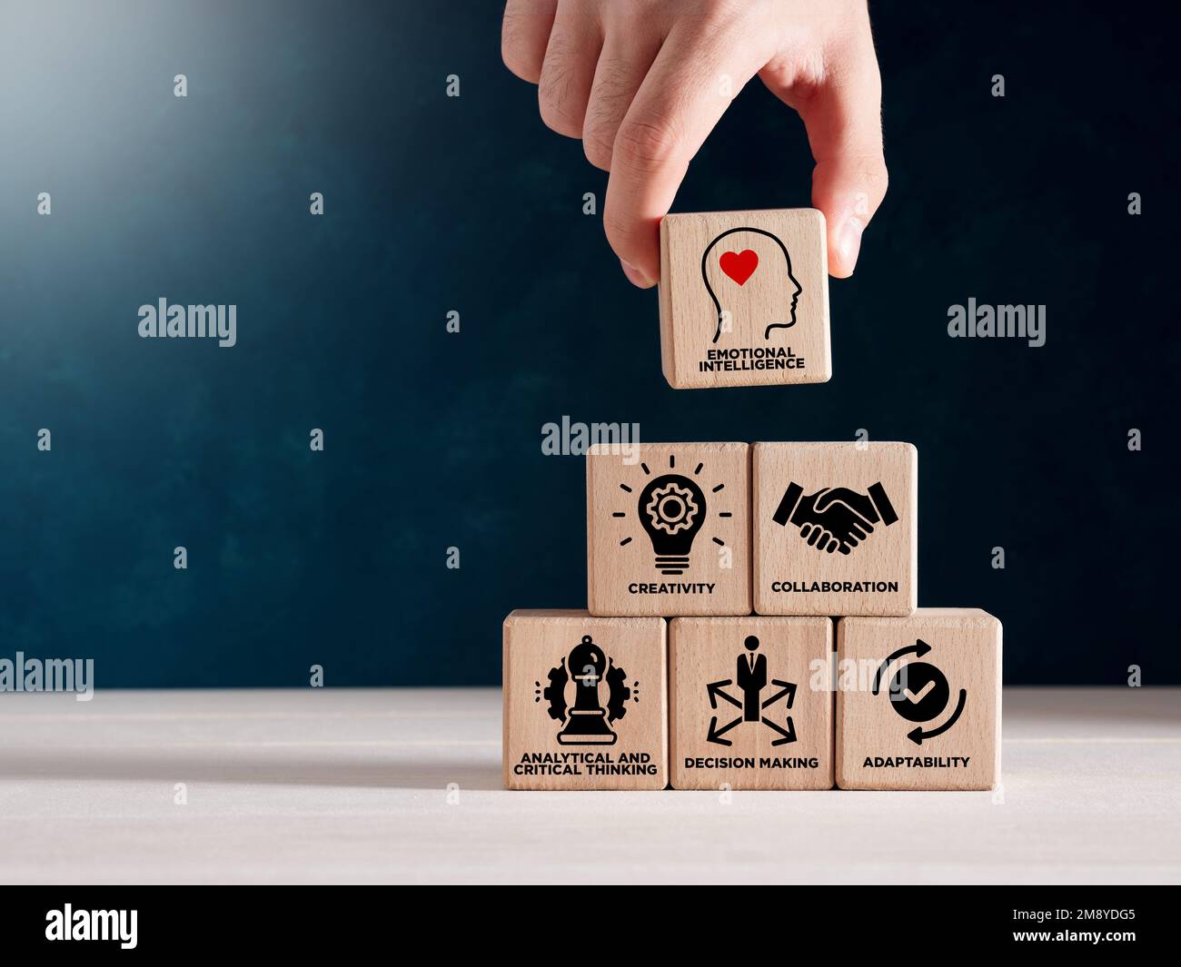 Soft skills HR concept. Hand puts wooden cubes with icons of soft ...