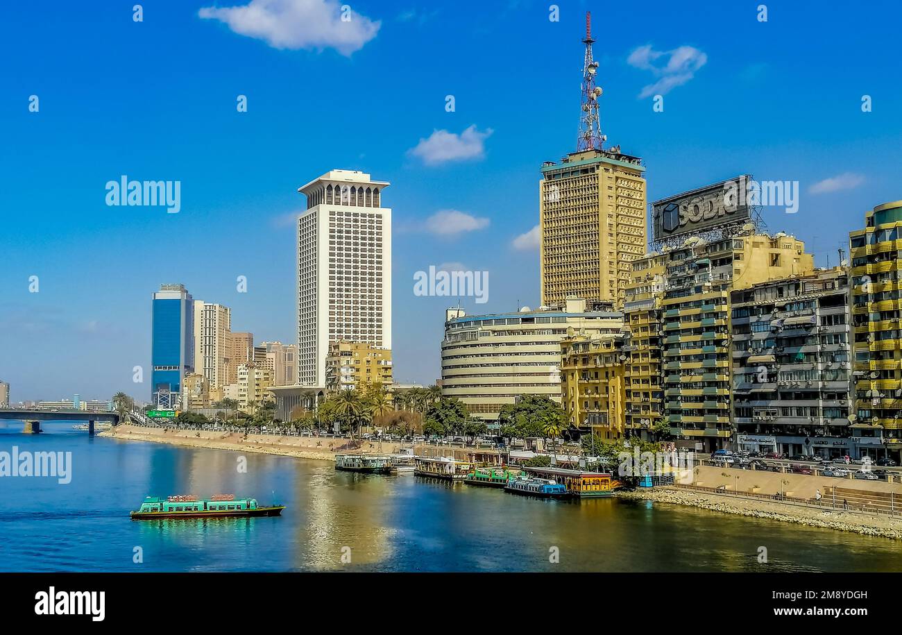 A beautiful morning view of modern buildings from a Nile river shore in